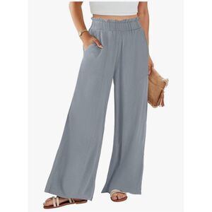 Anrabess Women Gray Linen Blend Wide Leg High Waist Flowy Pants Size M